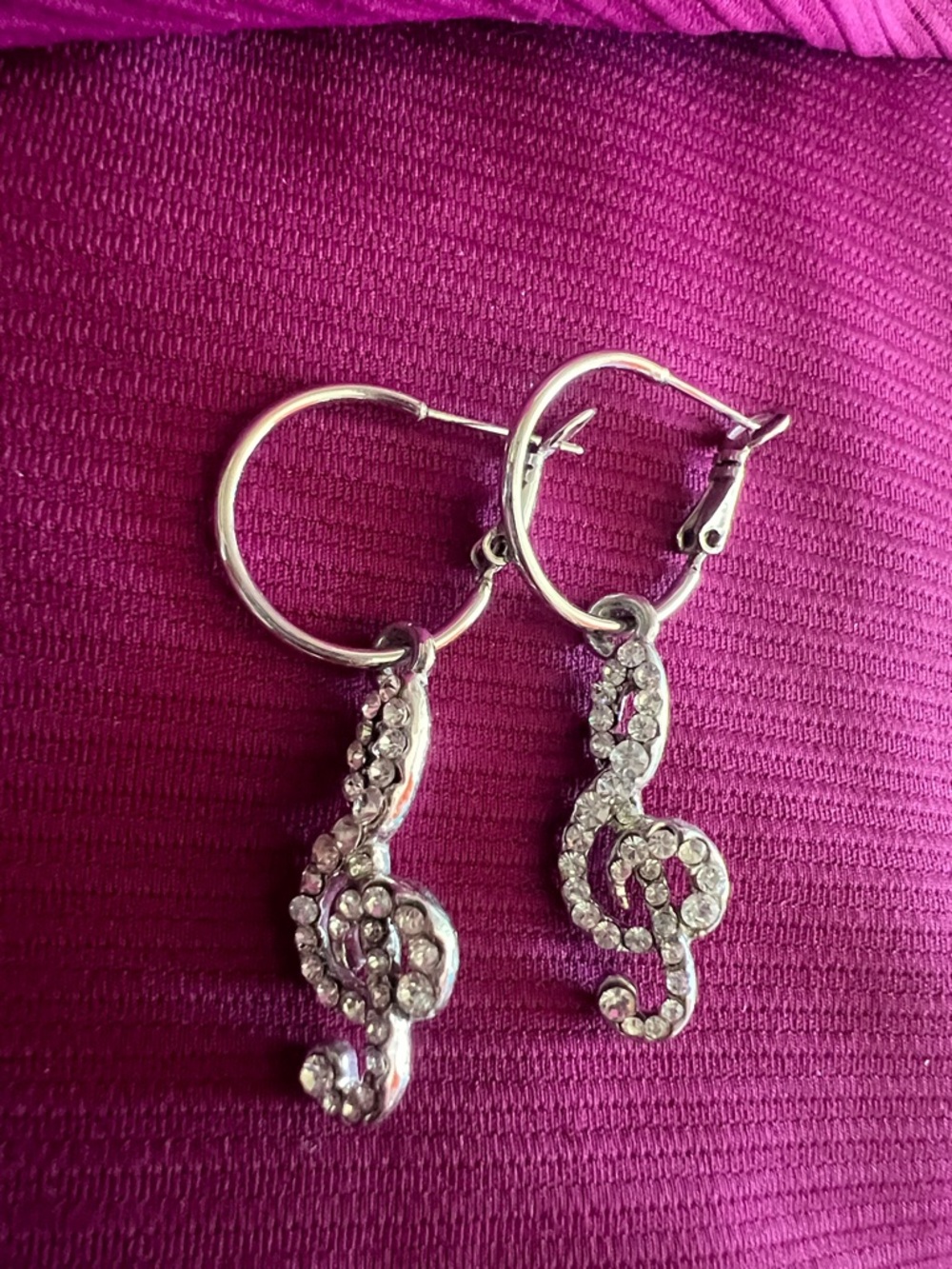Crystal Treble Clef Hoop Earrings - Silver